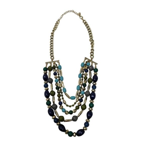 Multi Strand Layered Bib Chocker Necklace 5 Strand Beaded Blue Gold Green Gift - Picture 6 of 11